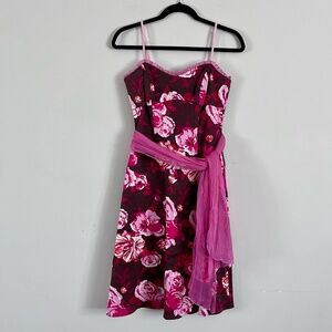 Y2K Dress Sweetheart Sash Belt Garden Party Romantic, Pink Maroon Floral, Size 6